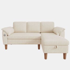 Sofá de canto L de 3 lugares u2013 com chaise longue com arrumação, USBType-C, reversível e tecido de chenille u2013 Bege
