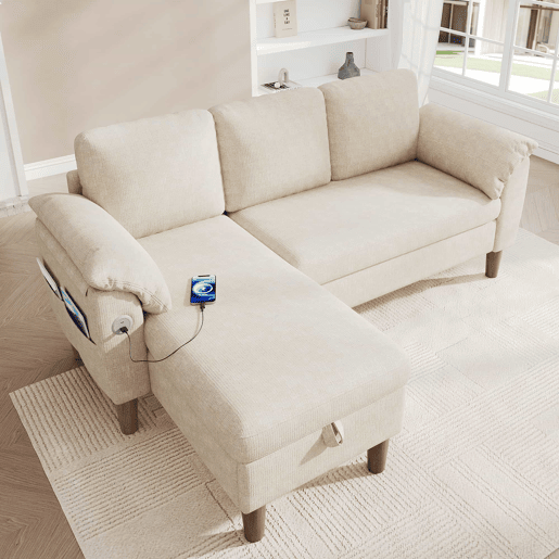 Sofá de canto L de 3 lugares u2013 com chaise longue com arrumação, USBType-C, reversível e tecido de chenille u2013 Bege Sofá de canto L de 3 lugares u2013 com chaise longue com arrumação, USBType-C, reversível e tecido de chenille u2013 Bege