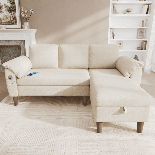 Sofá de canto L de 3 lugares u2013 com chaise longue com arrumação, USBType-C, reversível e tecido de chenille u2013 Bege Sofá de canto L de 3 lugares u2013 com chaise longue com arrumação, USBType-C, reversível e tecido de chenille u2013 Bege