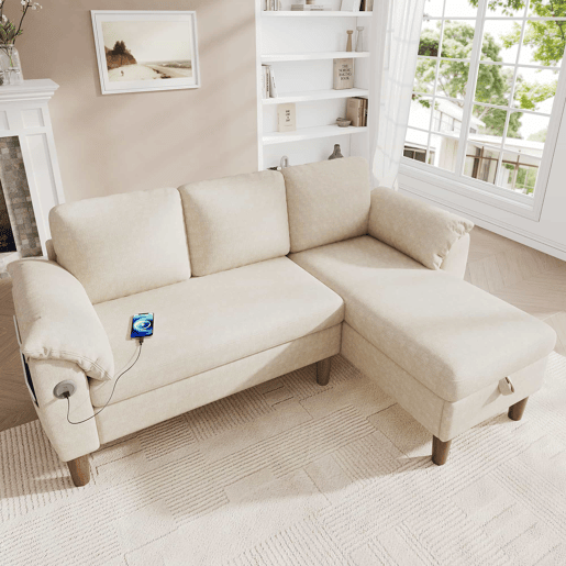 Sofá de canto L de 3 lugares u2013 com chaise longue com arrumação, USBType-C, reversível e tecido de chenille u2013 Bege Sofá de canto L de 3 lugares u2013 com chaise longue com arrumação, USBType-C, reversível e tecido de chenille u2013 Bege