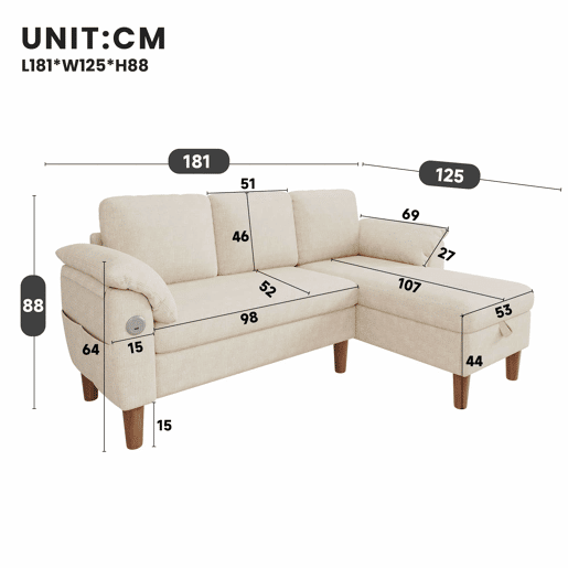 Sofá de canto L de 3 lugares u2013 com chaise longue com arrumação, USBType-C, reversível e tecido de chenille u2013 Bege Sofá de canto L de 3 lugares u2013 com chaise longue com arrumação, USBType-C, reversível e tecido de chenille u2013 Bege