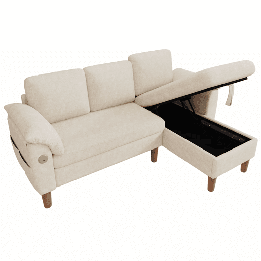 Sofá de canto L de 3 lugares u2013 com chaise longue com arrumação, USBType-C, reversível e tecido de chenille u2013 Bege Sofá de canto L de 3 lugares u2013 com chaise longue com arrumação, USBType-C, reversível e tecido de chenille u2013 Bege