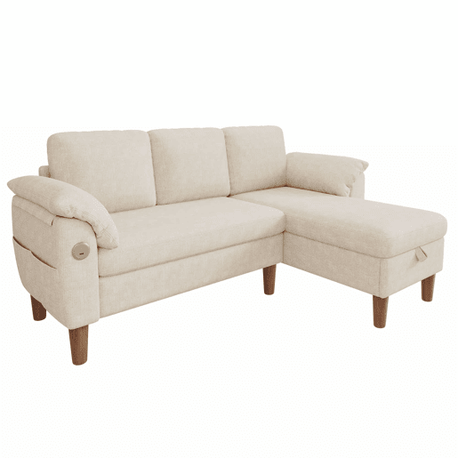 Sofá de canto L de 3 lugares u2013 com chaise longue com arrumação, USBType-C, reversível e tecido de chenille u2013 Bege Sofá de canto L de 3 lugares u2013 com chaise longue com arrumação, USBType-C, reversível e tecido de chenille u2013 Bege
