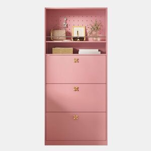 Armário 80x24x178,5 cm - 3 compartimentos rebatíveis, 2 prateleiras abertas, puxadores dourados em forma de trevo - rosa