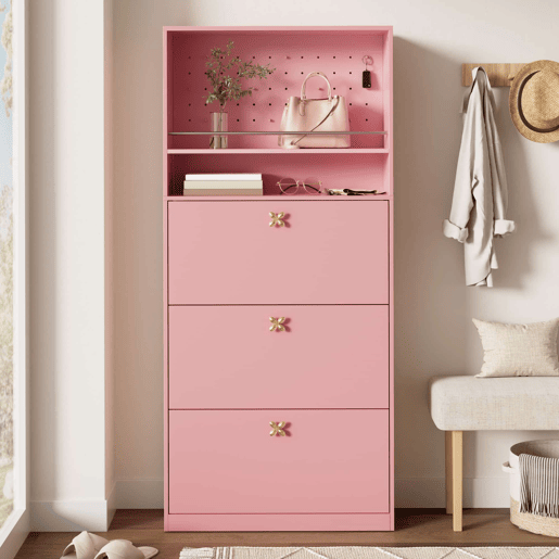 Armário 80x24x178,5 cm - 3 compartimentos rebatíveis, 2 prateleiras abertas, puxadores dourados em forma de trevo - rosa