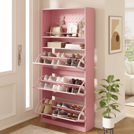 Armário 80x24x178,5 cm - 3 compartimentos rebatíveis, 2 prateleiras abertas, puxadores dourados em forma de trevo - rosa