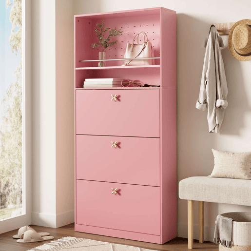 Armário 80x24x178,5 cm - 3 compartimentos rebatíveis, 2 prateleiras abertas, puxadores dourados em forma de trevo - rosa