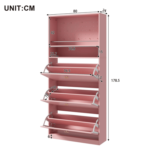 Armário 80x24x178,5 cm - 3 compartimentos rebatíveis, 2 prateleiras abertas, puxadores dourados em forma de trevo - rosa
