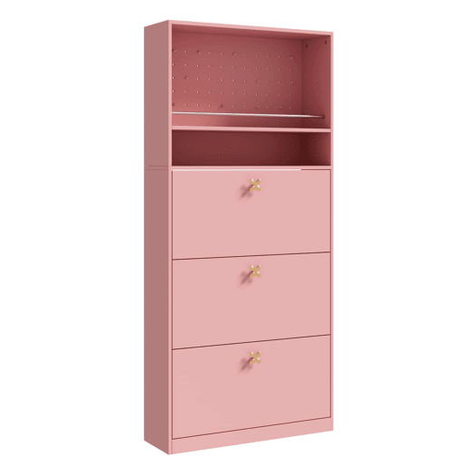 Armário 80x24x178,5 cm - 3 compartimentos rebatíveis, 2 prateleiras abertas, puxadores dourados em forma de trevo - rosa