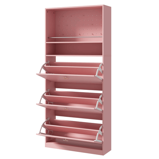 Armário 80x24x178,5 cm - 3 compartimentos rebatíveis, 2 prateleiras abertas, puxadores dourados em forma de trevo - rosa