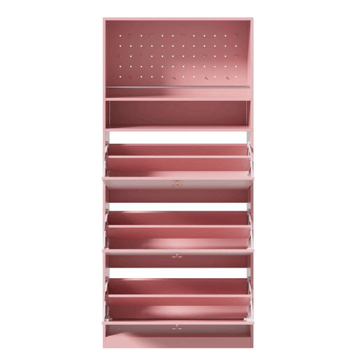 Armário 80x24x178,5 cm - 3 compartimentos rebatíveis, 2 prateleiras abertas, puxadores dourados em forma de trevo - rosa