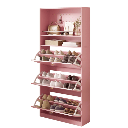 Armário 80x24x178,5 cm - 3 compartimentos rebatíveis, 2 prateleiras abertas, puxadores dourados em forma de trevo - rosa
