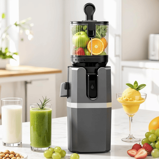 Máquina de Espremer Lenta Cold Press 250W Sem BPA Boca Larga 12cm Espremedor de Sumos e Sorvetes Cinzento