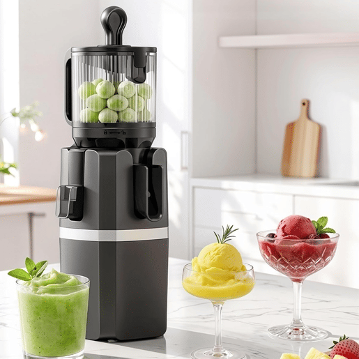 Máquina de Espremer Lenta Cold Press 250W Sem BPA Boca Larga 12cm Espremedor de Sumos e Sorvetes Cinzento