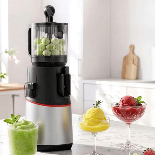 Máquina de Sumos Lenta Cold Press 3 em 1 250W com Boca Larga 4.7 sem BPA Prata e Preto Máquina de Sumos Lenta Cold Press 3 em 1 250W com Boca Larga 4.7 sem BPA Prata e Preto