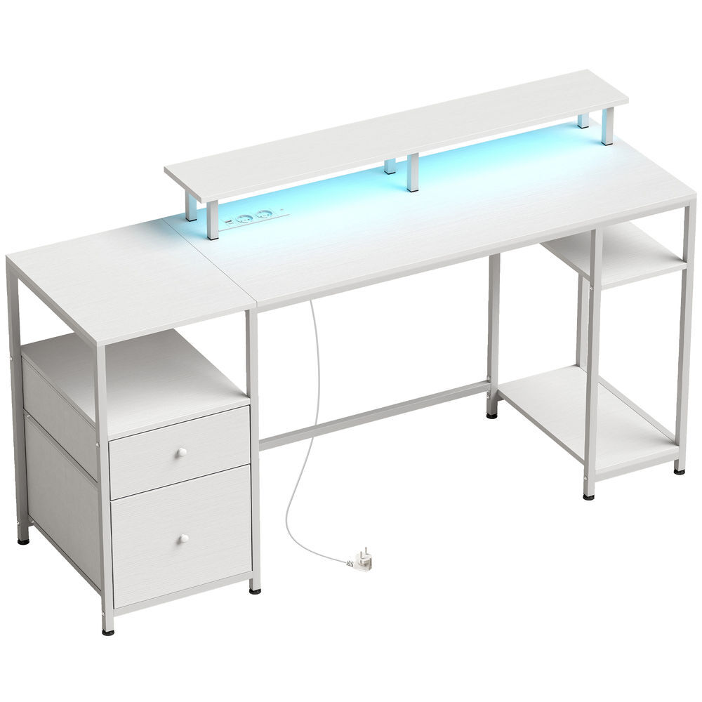 Homcom mesa de escritorio mesa de ordenador con luces led estantes cajones tomas de corriente puertos usb y soporte para monitor para oficina estudio 155,5x48x88,5 cm blanco