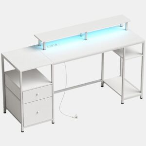 HOMCOM Secretária para Computador com Luzes LED, Prateleiras, Gavetas, Tomadas, USB e Suporte para Monitor, 155,5x48x88,5 cm, Branco