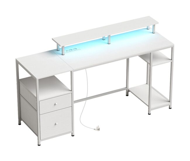 Homcom mesa de escritorio mesa de ordenador con luces led estantes cajones tomas de corriente puertos usb y soporte para monitor para oficina estudio 155,5x48x88,5 cm blanco