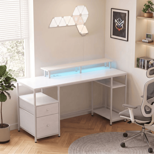 HOMCOM Secretária para Computador com Luzes LED, Prateleiras, Gavetas, Tomadas, USB e Suporte para Monitor, 155,5x48x88,5 cm, Branco HOMCOM Secretária para Computador com Luzes LED, Prateleiras, Gavetas, Tomadas, USB e Suporte para Monitor, 155,5x48x88,5 cm, Branco