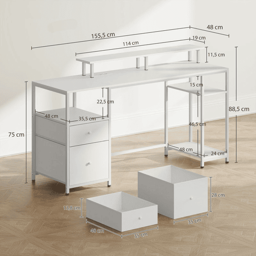 HOMCOM Secretária para Computador com Luzes LED, Prateleiras, Gavetas, Tomadas, USB e Suporte para Monitor, 155,5x48x88,5 cm, Branco HOMCOM Secretária para Computador com Luzes LED, Prateleiras, Gavetas, Tomadas, USB e Suporte para Monitor, 155,5x48x88,5 cm, Branco
