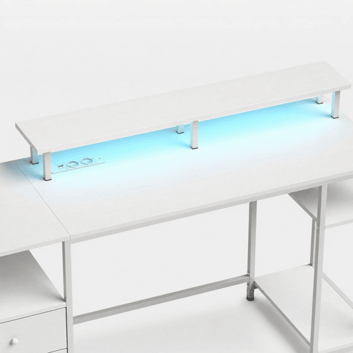 HOMCOM Secretária para Computador com Luzes LED, Prateleiras, Gavetas, Tomadas, USB e Suporte para Monitor, 155,5x48x88,5 cm, Branco HOMCOM Secretária para Computador com Luzes LED, Prateleiras, Gavetas, Tomadas, USB e Suporte para Monitor, 155,5x48x88,5 cm, Branco