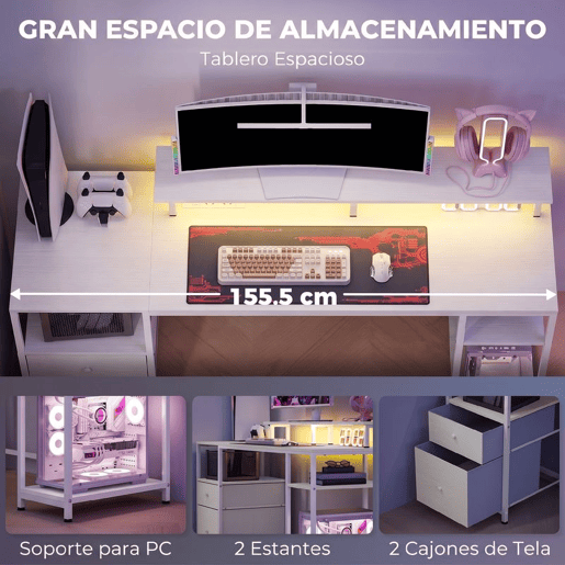 HOMCOM Secretária para Computador com Luzes LED, Prateleiras, Gavetas, Tomadas, USB e Suporte para Monitor, 155,5x48x88,5 cm, Branco HOMCOM Secretária para Computador com Luzes LED, Prateleiras, Gavetas, Tomadas, USB e Suporte para Monitor, 155,5x48x88,5 cm, Branco