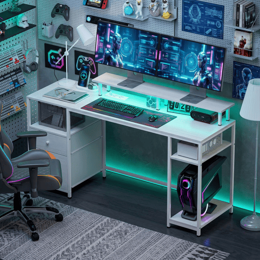 HOMCOM Secretária para Computador com Luzes LED, Prateleiras, Gavetas, Tomadas, USB e Suporte para Monitor, 155,5x48x88,5 cm, Branco HOMCOM Secretária para Computador com Luzes LED, Prateleiras, Gavetas, Tomadas, USB e Suporte para Monitor, 155,5x48x88,5 cm, Branco