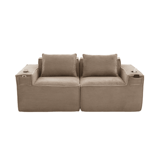 Sofá modular de 2 lugares em veludo - com suportes para copos, bolsos laterais, molas ensacadas e espuma de alta densidade - Cáqui