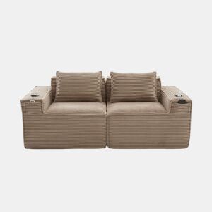 Sofá modular de 2 lugares em veludo - com suportes para copos, bolsos laterais, molas ensacadas e espuma de alta densidade - Cáqui