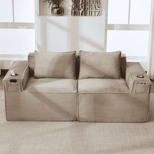 Sofá modular de 2 lugares em veludo - com suportes para copos, bolsos laterais, molas ensacadas e espuma de alta densidade - Cáqui