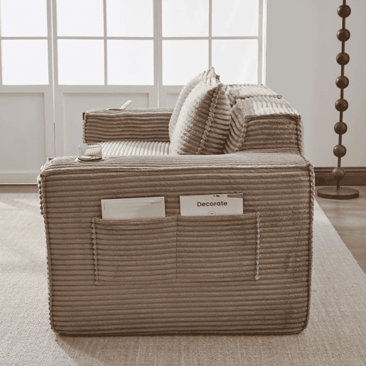 Sofá modular de 2 lugares em veludo - com suportes para copos, bolsos laterais, molas ensacadas e espuma de alta densidade - Cáqui