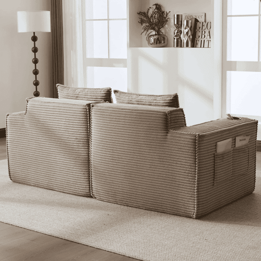 Sofá modular de 2 lugares em veludo - com suportes para copos, bolsos laterais, molas ensacadas e espuma de alta densidade - Cáqui