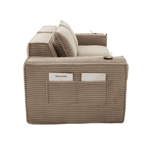 Sofá modular de 2 lugares em veludo - com suportes para copos, bolsos laterais, molas ensacadas e espuma de alta densidade - Cáqui