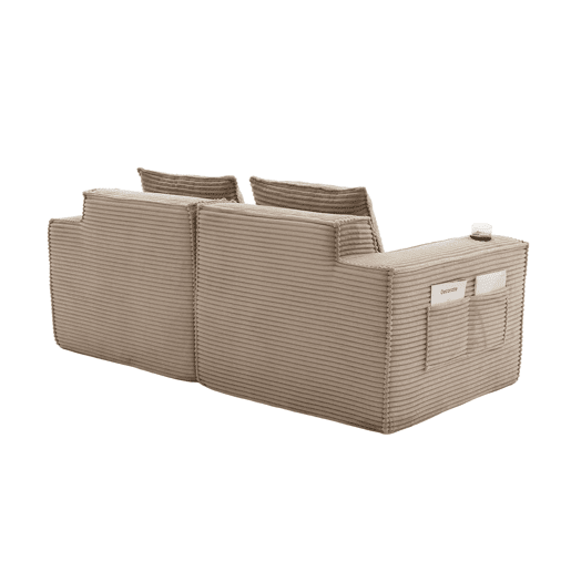 Sofá modular de 2 lugares em veludo - com suportes para copos, bolsos laterais, molas ensacadas e espuma de alta densidade - Cáqui