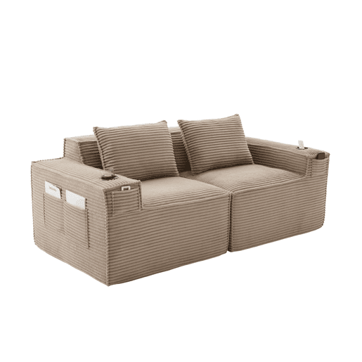 Sofá modular de 2 lugares em veludo - com suportes para copos, bolsos laterais, molas ensacadas e espuma de alta densidade - Cáqui