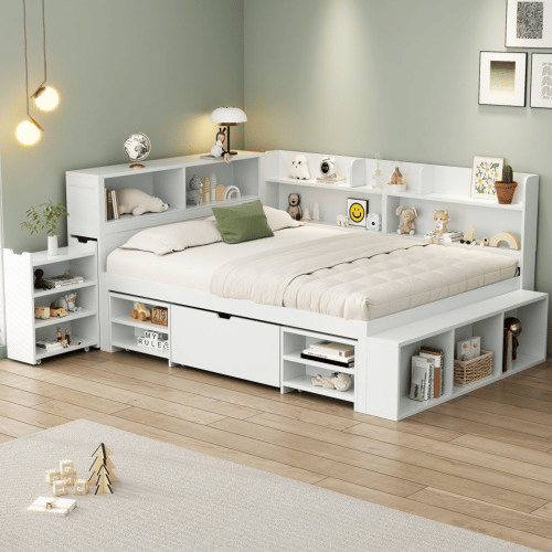 Cama infantil 140x190 cm - multifuncional com gavetas e prateleiras - branco Cama infantil 140x190 cm - multifuncional com gavetas e prateleiras - branco