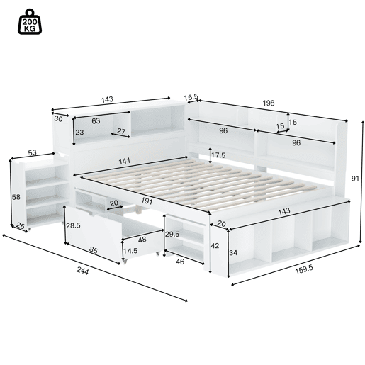 Cama infantil 140x190 cm - multifuncional com gavetas e prateleiras - branco Cama infantil 140x190 cm - multifuncional com gavetas e prateleiras - branco