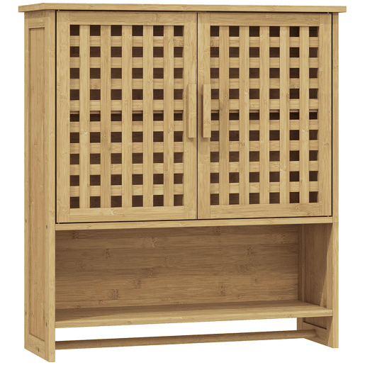 HOMCOM Armário de Casa de Banho de Parede em Bambu com 2 Portas Ripadas, Prateleira Aberta e Ajustável, Natural HOMCOM Armário de Casa de Banho de Parede em Bambu com 2 Portas Ripadas, Prateleira Aberta e Ajustável, Natural
