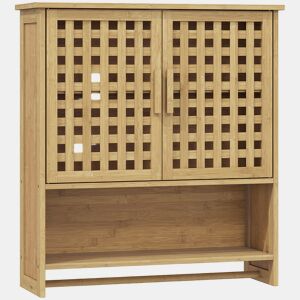 HOMCOM Armário de Casa de Banho de Parede em Bambu com 2 Portas Ripadas, Prateleira Aberta e Ajustável, Natural