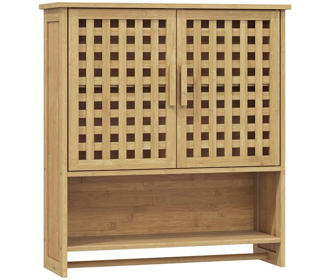 Homcom armario de baño de pared de bambú, mueble de baño colgar con 2 puertas de celosía, estante abierto y estante ajustable, para cocina, lavadero,