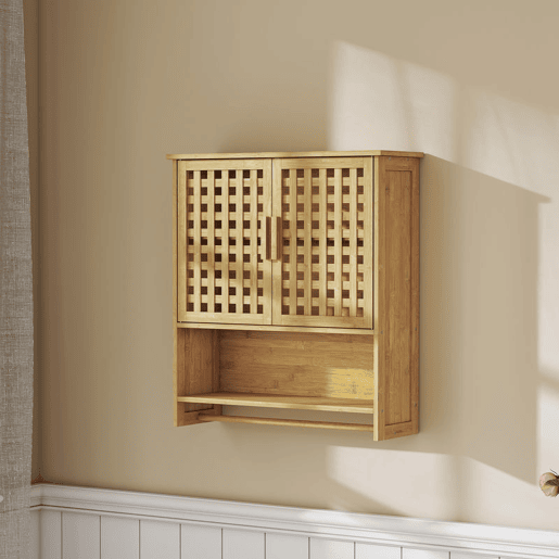 HOMCOM Armário de Casa de Banho de Parede em Bambu com 2 Portas Ripadas, Prateleira Aberta e Ajustável, Natural HOMCOM Armário de Casa de Banho de Parede em Bambu com 2 Portas Ripadas, Prateleira Aberta e Ajustável, Natural