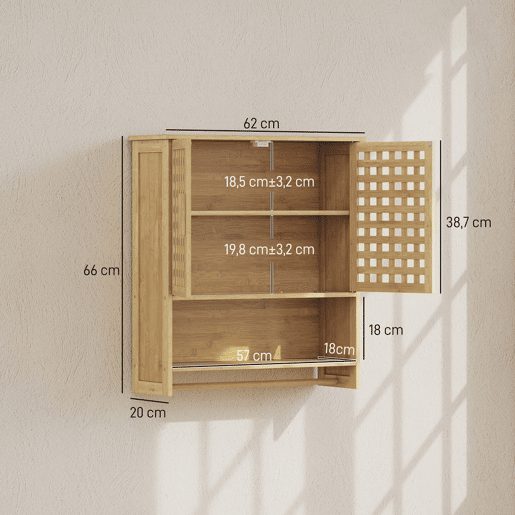 HOMCOM Armário de Casa de Banho de Parede em Bambu com 2 Portas Ripadas, Prateleira Aberta e Ajustável, Natural HOMCOM Armário de Casa de Banho de Parede em Bambu com 2 Portas Ripadas, Prateleira Aberta e Ajustável, Natural