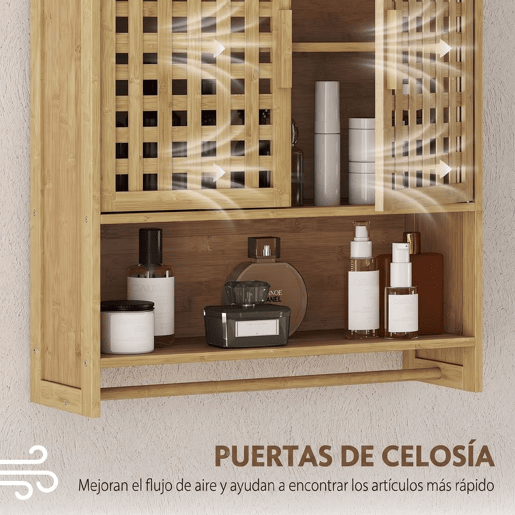 HOMCOM Armário de Casa de Banho de Parede em Bambu com 2 Portas Ripadas, Prateleira Aberta e Ajustável, Natural HOMCOM Armário de Casa de Banho de Parede em Bambu com 2 Portas Ripadas, Prateleira Aberta e Ajustável, Natural