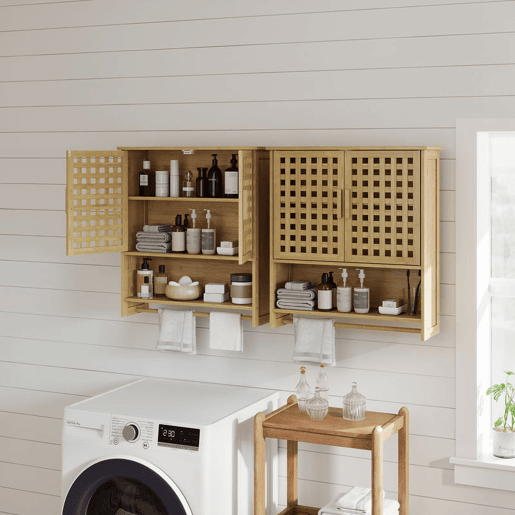 HOMCOM Armário de Casa de Banho de Parede em Bambu com 2 Portas Ripadas, Prateleira Aberta e Ajustável, Natural HOMCOM Armário de Casa de Banho de Parede em Bambu com 2 Portas Ripadas, Prateleira Aberta e Ajustável, Natural