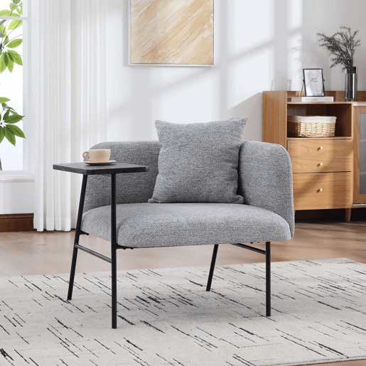 Cadeirão individual de 1 lugar - design moderno, encosto confortável em tecido, 2 compartimentos de arrumação e mesa auxiliar minimalista em metal - cinzento