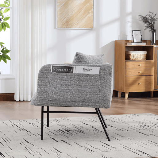 Cadeirão individual de 1 lugar - design moderno, encosto confortável em tecido, 2 compartimentos de arrumação e mesa auxiliar minimalista em metal - cinzento