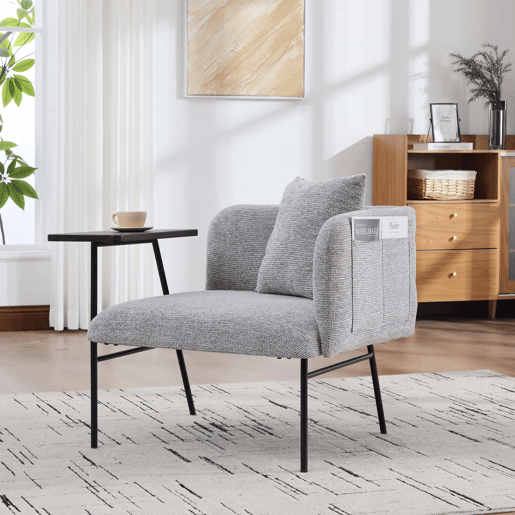 Cadeirão individual de 1 lugar - design moderno, encosto confortável em tecido, 2 compartimentos de arrumação e mesa auxiliar minimalista em metal - cinzento