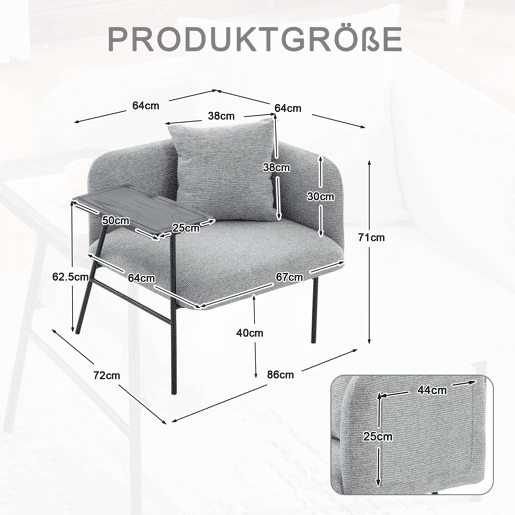 Cadeirão individual de 1 lugar - design moderno, encosto confortável em tecido, 2 compartimentos de arrumação e mesa auxiliar minimalista em metal - cinzento