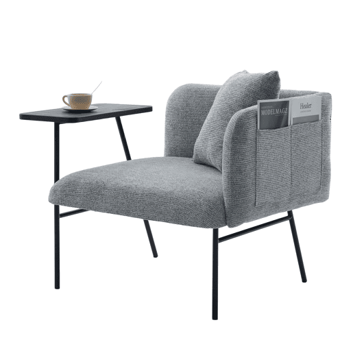 Cadeirão individual de 1 lugar - design moderno, encosto confortável em tecido, 2 compartimentos de arrumação e mesa auxiliar minimalista em metal - cinzento