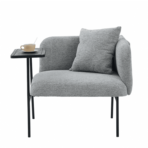 Cadeirão individual de 1 lugar - design moderno, encosto confortável em tecido, 2 compartimentos de arrumação e mesa auxiliar minimalista em metal - cinzento